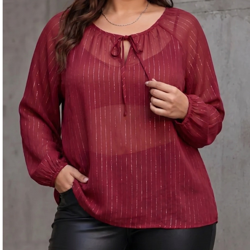 Torrid Burgundy Red Metallic Pinstripe Tie Neck Chiffon Blouse Size 00 NWT